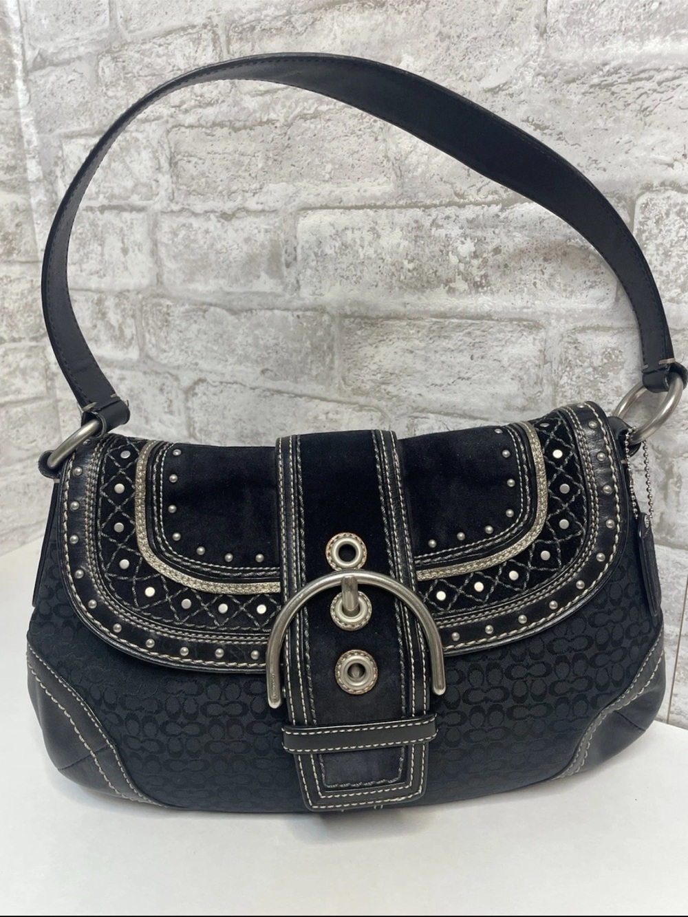 Black Women's Shoulder Bag with Contrast Stitching and Buckle Accent